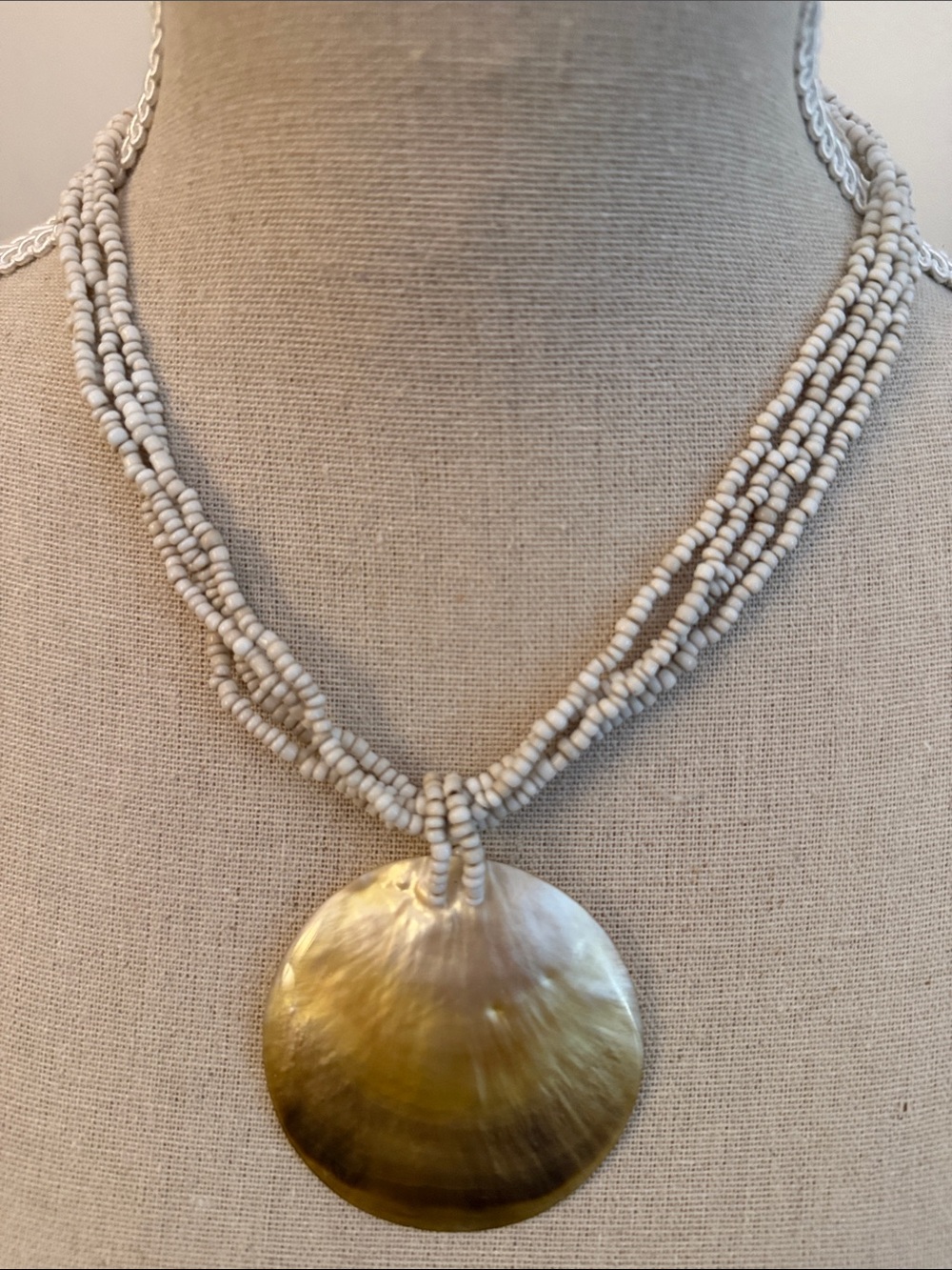 Handmade White Beaded Necklace with Golden Mother-of-Pearl shell never worn